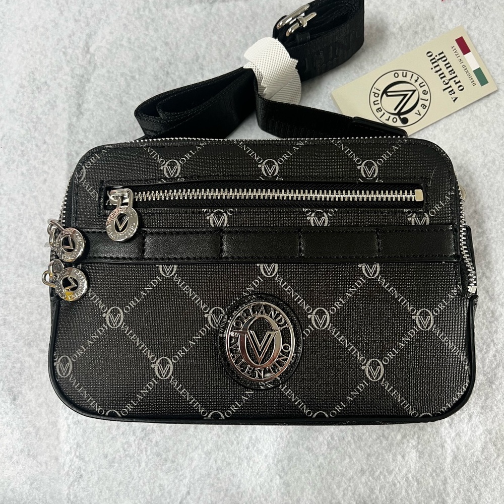 Valentino Orlandi Black and Silver Logo Crossbody Camera Bag